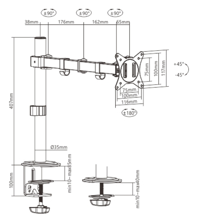 ADJUSTABLE DESK DISPLAY MOUNTING ARM ROTATE TILT SWIVEL 17''-32'' UP TO 9 KG - detalle