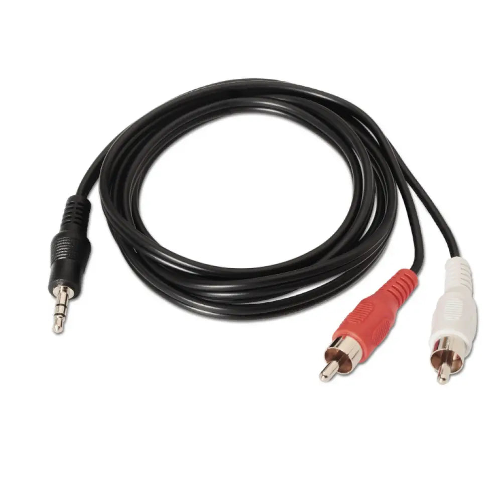 Cable de audio AISENS A128-0148 de 3 metros con conector 3.5mm y 2 x RCA en color negro, para conectar dispositivos de audio.
