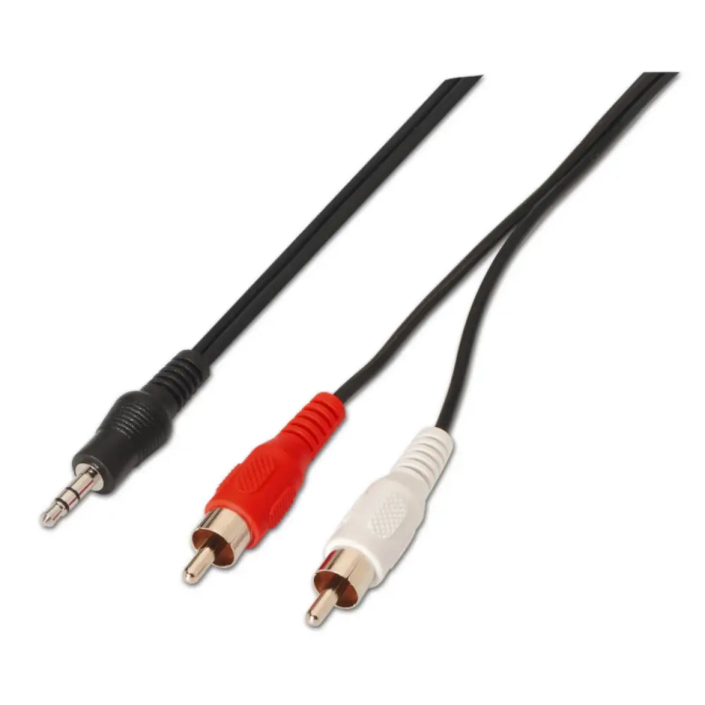 Cable de audio AISENS A128-0148 de 3 metros con conector 3.5mm y 2 x RCA en color negro, para conexiones de audio estéreo.