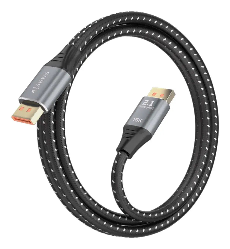 Cable DisplayPort AISENS de 1.5 m, con conectores dorados y diseño resistente, para transmisión de audio y video de alta calidad.