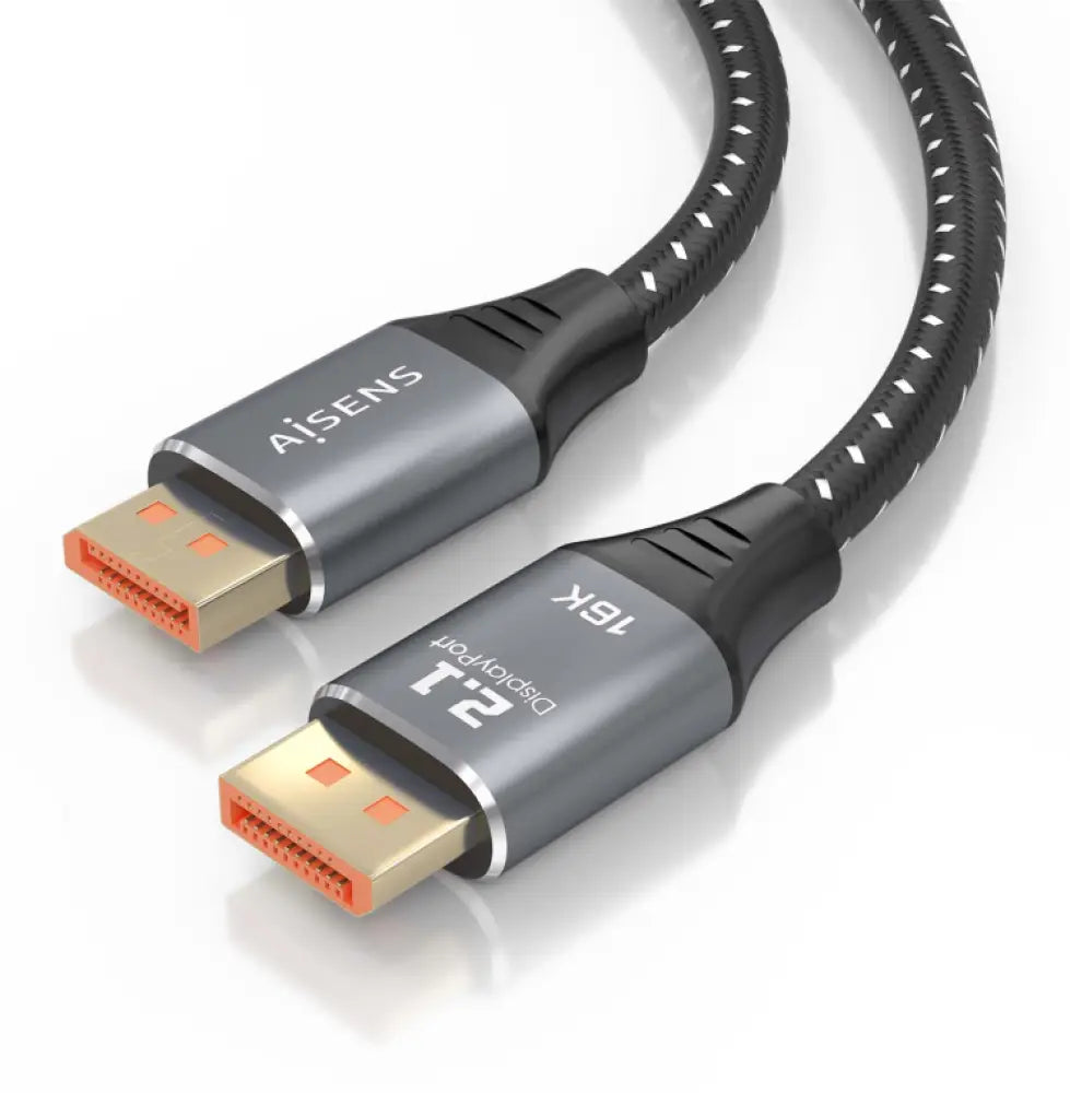 Cable DisplayPort AISENS de 2 metros, con conectores dorados, para transmisión de alta calidad de video y audio.