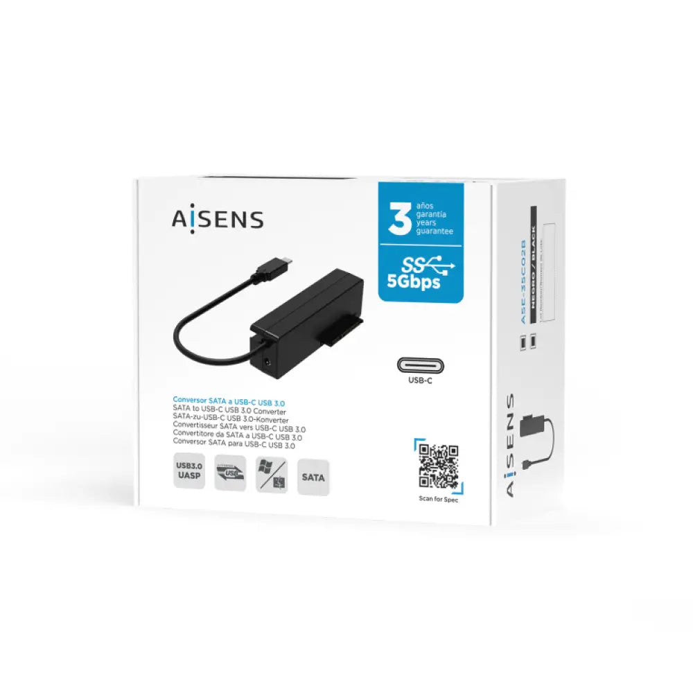AISENS Adaptador ASE-35C02B SATA a USB-C USB 3.0/USB3.1 GEN1 para Discos Duros 2.5" y 3.5" con Alimentador. Negro - detalle