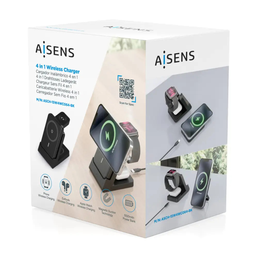 AISENS ASCH-15W4WC064-BK cargador de dispositivo móvil Auriculares. Smartphone. Reloj inteligente Cargador inalámbrico Interior - detalle