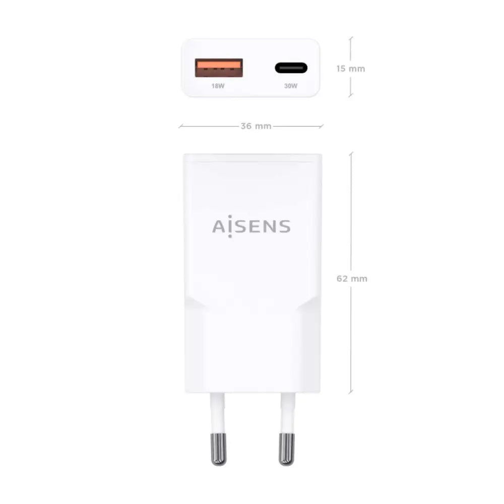 AISENS ASCH-30W2P046-W cargador de dispositivo móvil Cámara digital. MP3. MP4. Teléfono móvil. Navegante. Portátil. Consola de juegos portátil. Smartphone. Tableta. Universal Blanco Corriente alterna Carga rápida Interior - detalle
