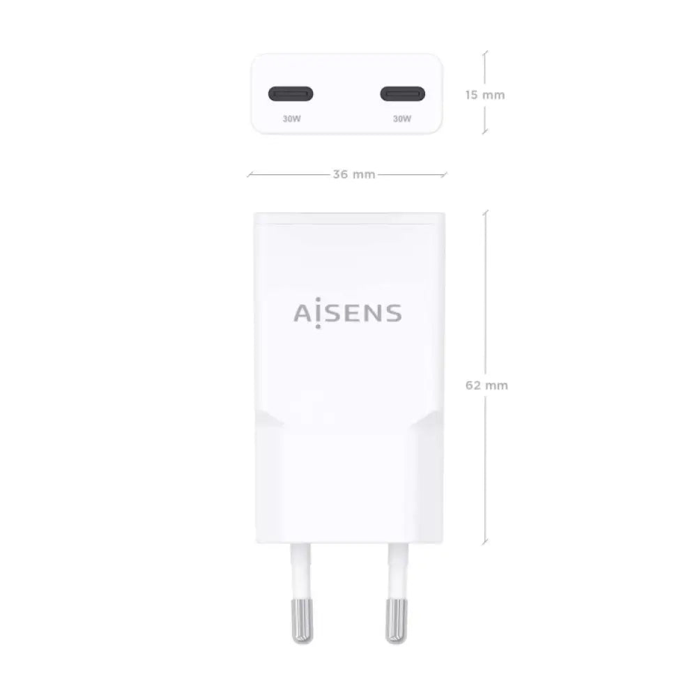AISENS ASCH-30W2P048-W cargador de dispositivo móvil Cámara digital. MP3. MP4. Teléfono móvil. Navegante. Portátil. Consola de juegos portátil. Smartphone. Tableta. Universal Blanco Corriente alterna Carga rápida Interior - detalle