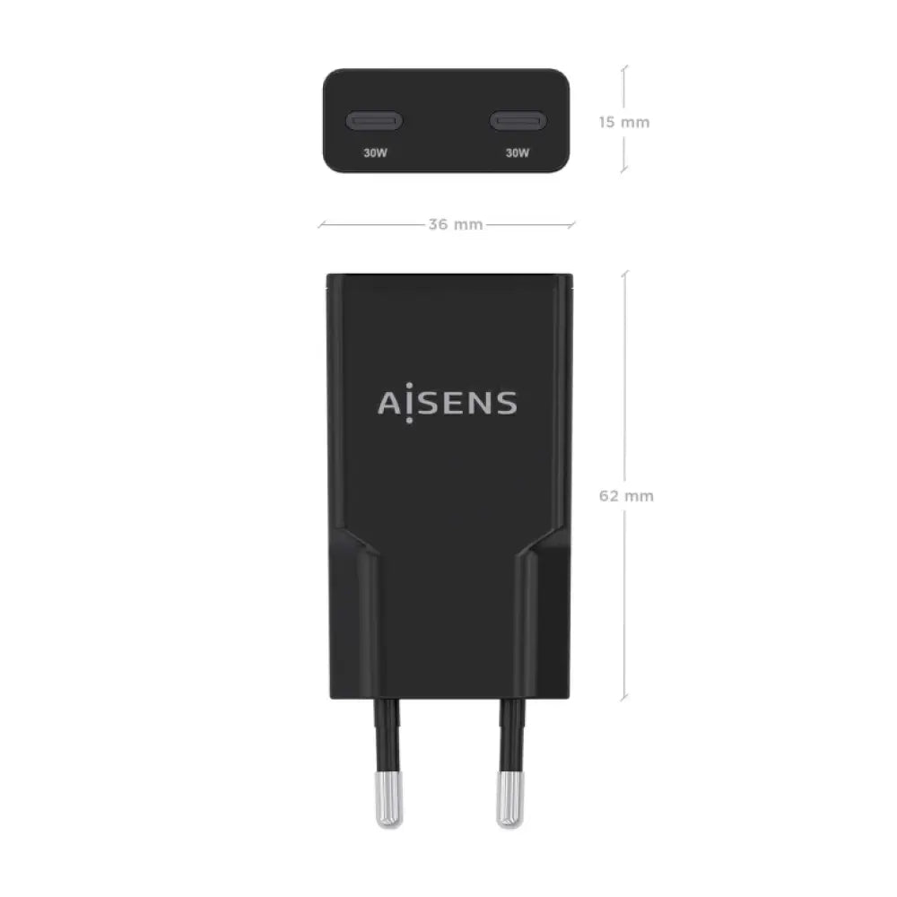 AISENS ASCH-30W2P049-BK cargador de dispositivo móvil Cámara digital. MP3. MP4. Teléfono móvil. Navegante. Portátil. Consola de juegos portátil. Smartphone. Tableta. Universal Negro Corriente alterna Carga rápida Interior - detalle