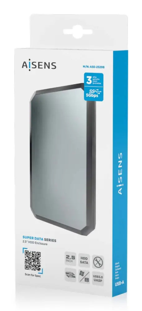Carcasa para disco duro externo AISENS ASE-2529B, carcasa negra y gris para SSD y disco duro de 2.5 pulgadas.