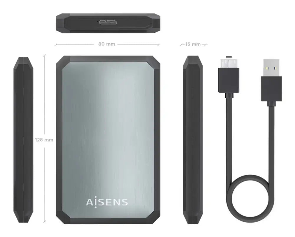 Carcasa para disco duro externo AISENS ASE-2529B, caja en negro y gris para SSD o HDD de 2.5 pulgadas, protección y compatibilidad.