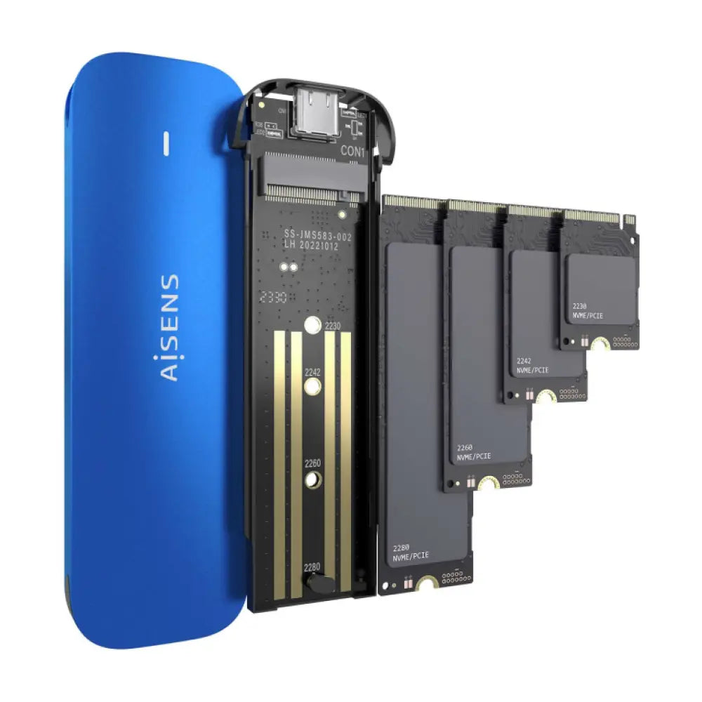 Carcasa externa para disco duro SSD AISENS ASM2-026BLU, caja azul para unidad M.2 de estado sólido.
