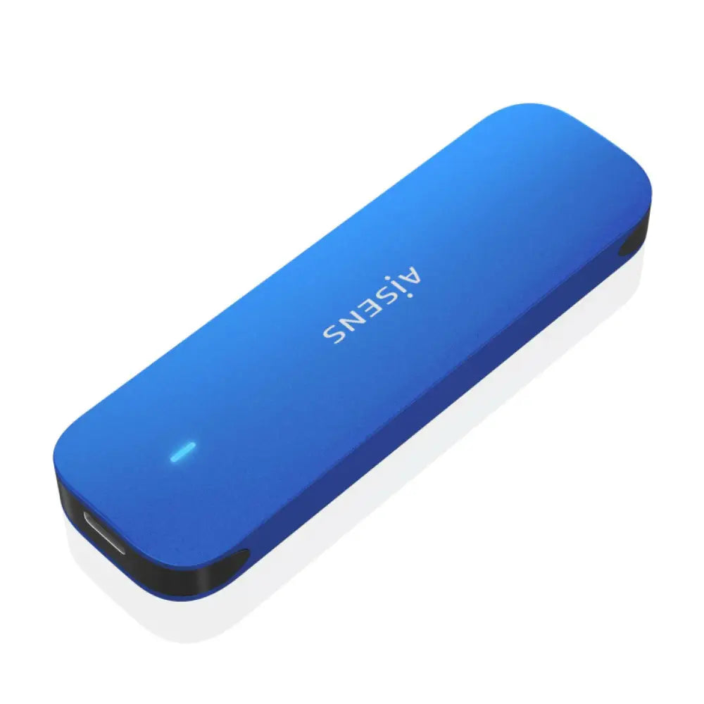 Carcasa externa para disco duro SSD AISENS ASM2-026BLU en color azul, compatible con unidades M.2, protección y conectividad fácil.