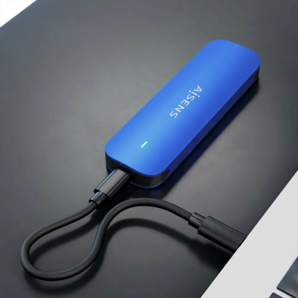 Caja externa para disco duro SSD AISENS ASM2-026BLU de color azul, compatible con unidades M.2 para almacenamiento externo.