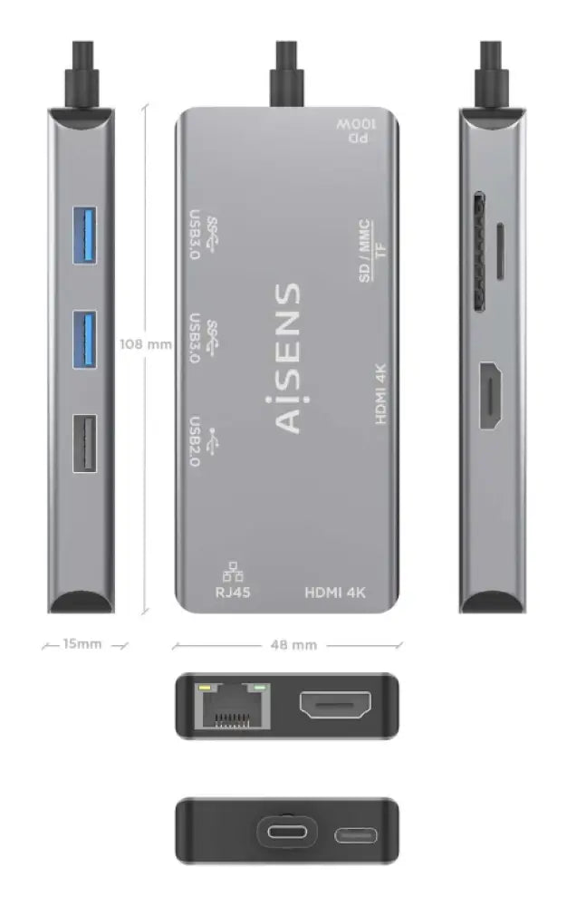 AISENS ASUC-9P018-GR base para portátil y replicador de puertos Alámbrico USB 3.2 Gen 1 (3.1 Gen 1) Type-C - detalle