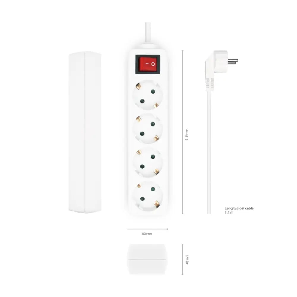Regleta AISENS Base Multiple con 4 tomas, interruptor y cable 3x1.5mm², color blanco, longitud de 1.4 m.