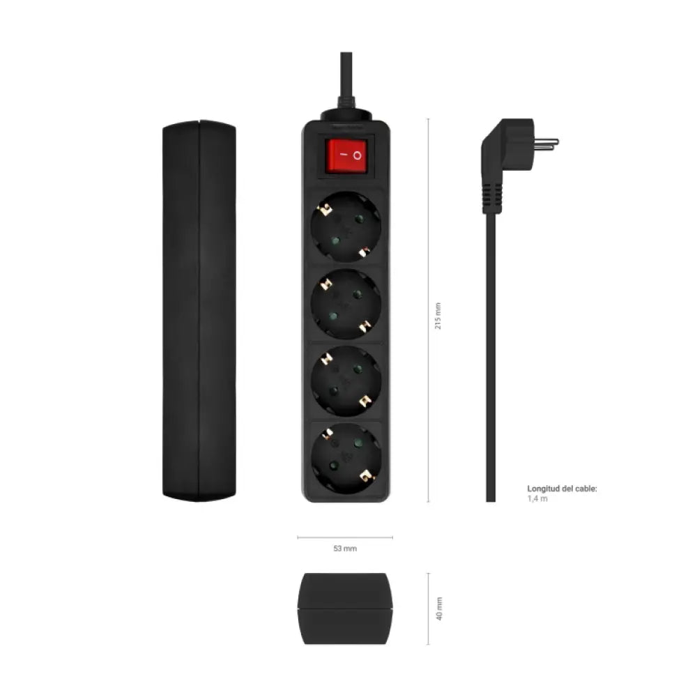 Regleta AISENS Base Multiple con 4 tomas, interruptor y cable negro de 1.4 m, ideal para conexiones eléctricas seguras.