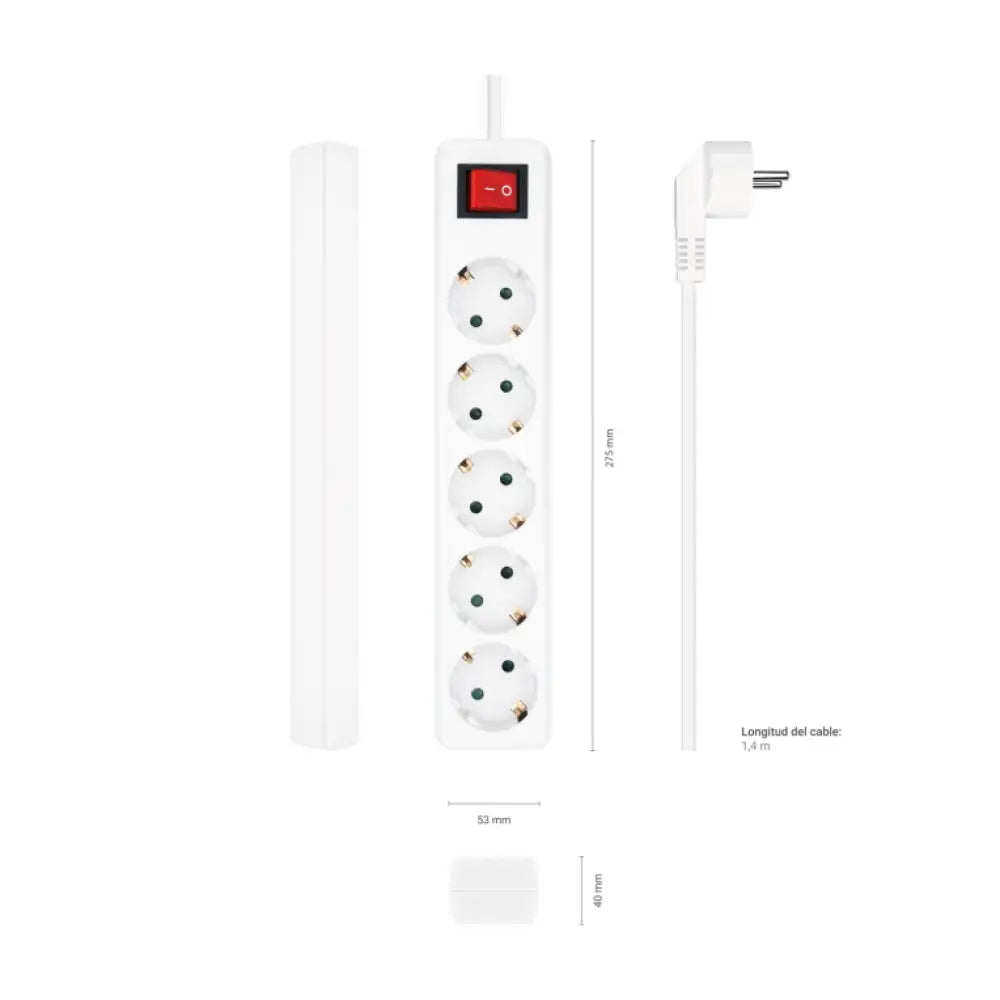 AISENS Base Multiple 5 Tomas con Interruptor con Cable 3×1.5mm2. Blanco. 1.4 m - detalle