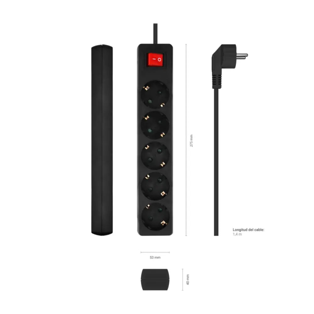 AISENS Base Multiple 5 Tomas con Interruptor con Cable 3×1.5mm2. Negro. 1.4 m - detalle