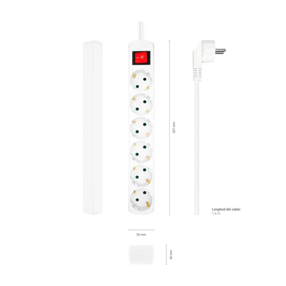 AISENS Base Multiple 6 Tomas Con Interruptor Con Cable 3x1.5mm2. Blanco. 1.4m - detalle