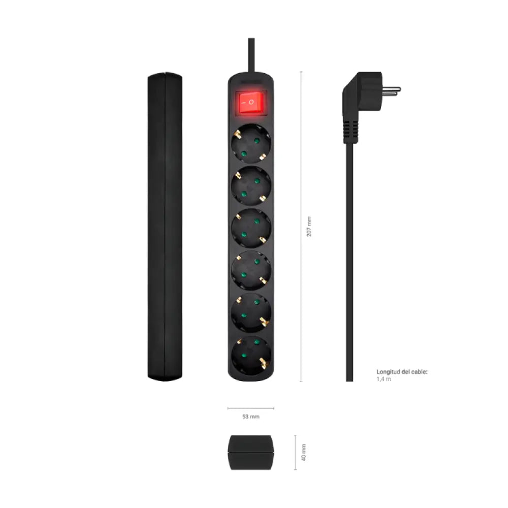 AISENS Base Multiple 6 Tomas Con Interruptor Con Cable 3x1.5mm2. Negro. 1.4m - detalle