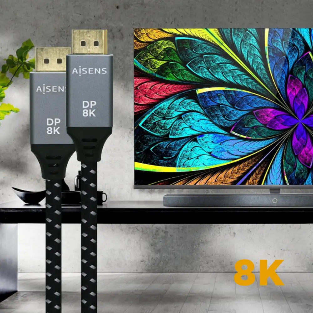 Cable DisplayPort AISENS V1.4 de 3.0m en gris y negro, compatible con 8K@60Hz, para conexiones de alta calidad.