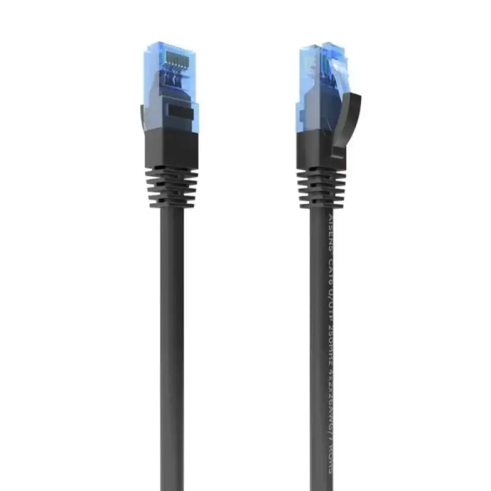 Cable RJ45 Cat.6 UTP AISENS negro de 0.5m, compatible con conectores de red, ideal para instalaciones de redes Ethernet.