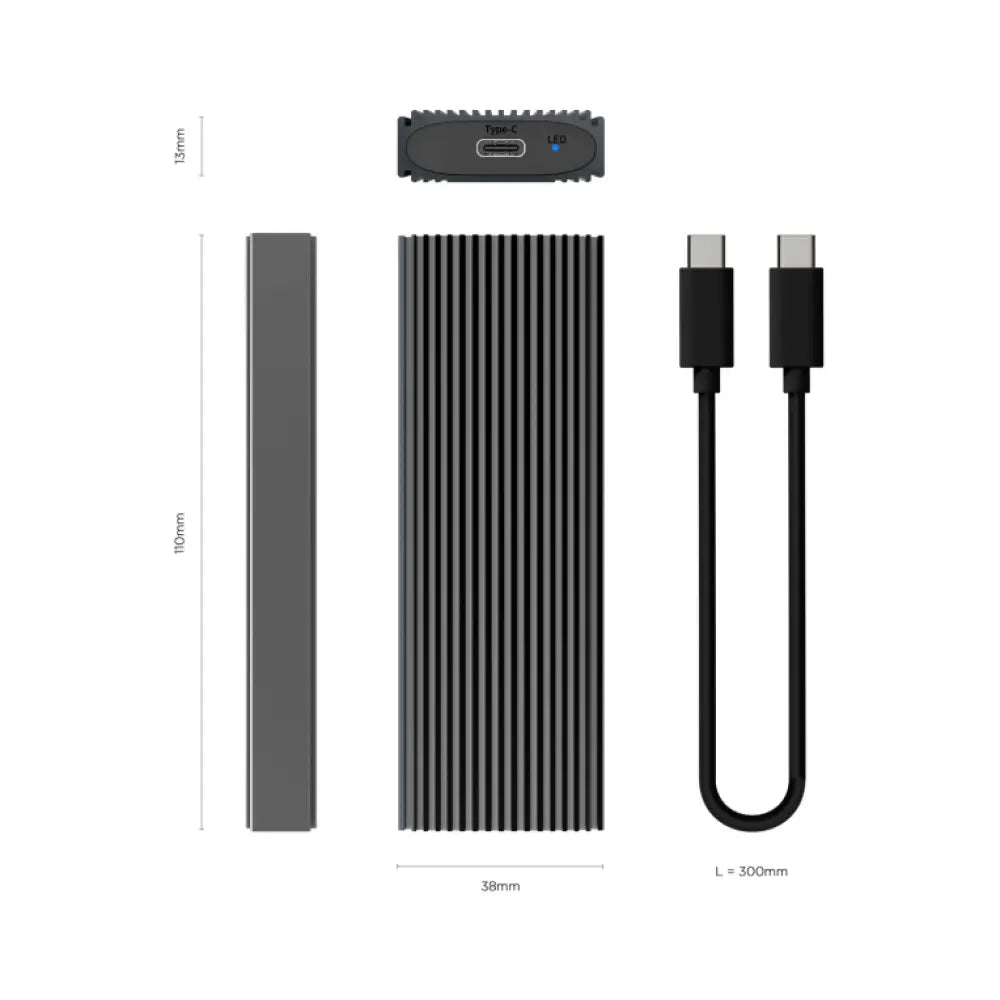 Carcasa externa AISENS para M.2 NGFF NVMe a USB 3.2 Gen2, en color gris, muestra la carcasa y puerto USB.