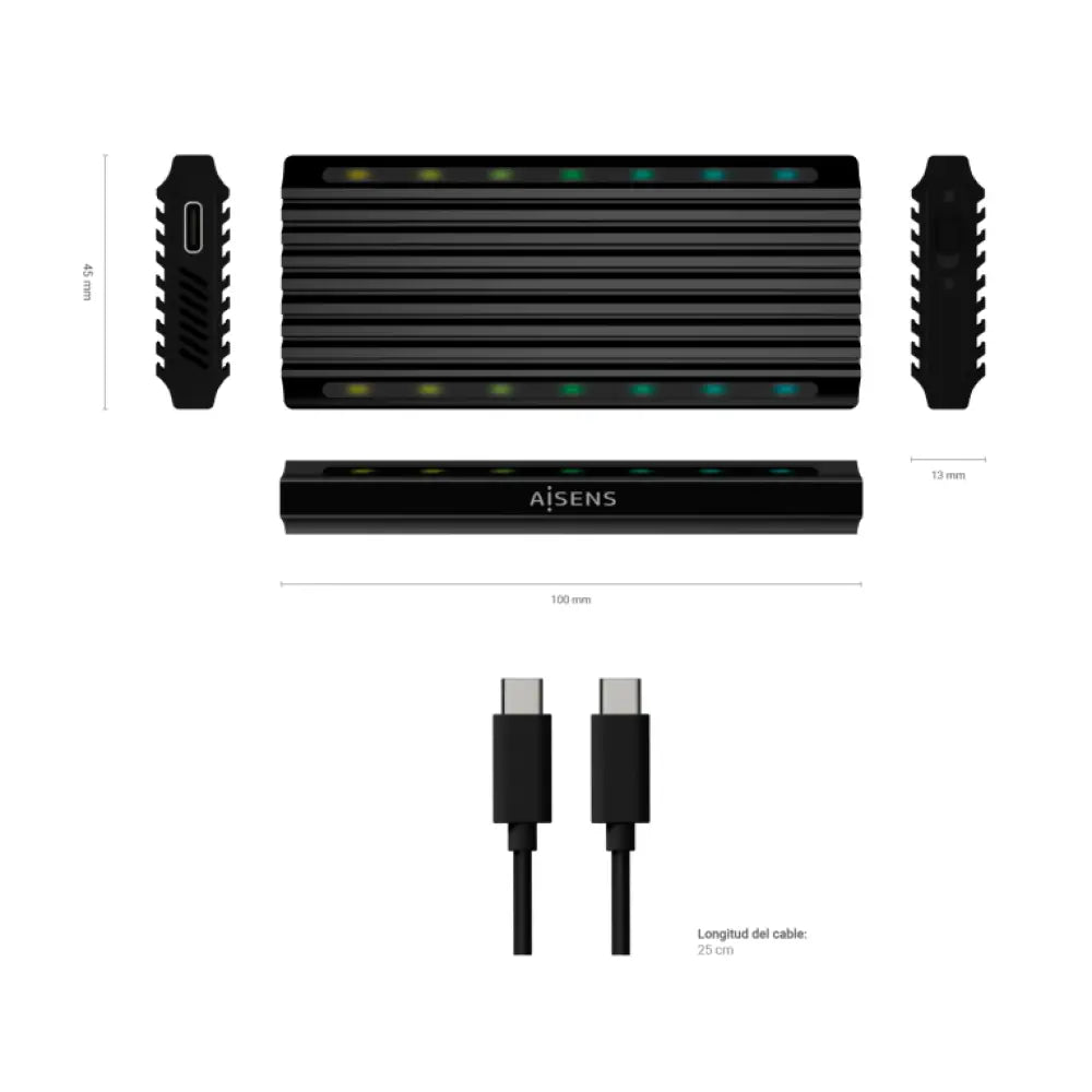 AISENS Caja Externa M.2 RGB Gaming ASM2-RGB012B SATA/NVMe A USB3.1 Gen2. Negra - detalle