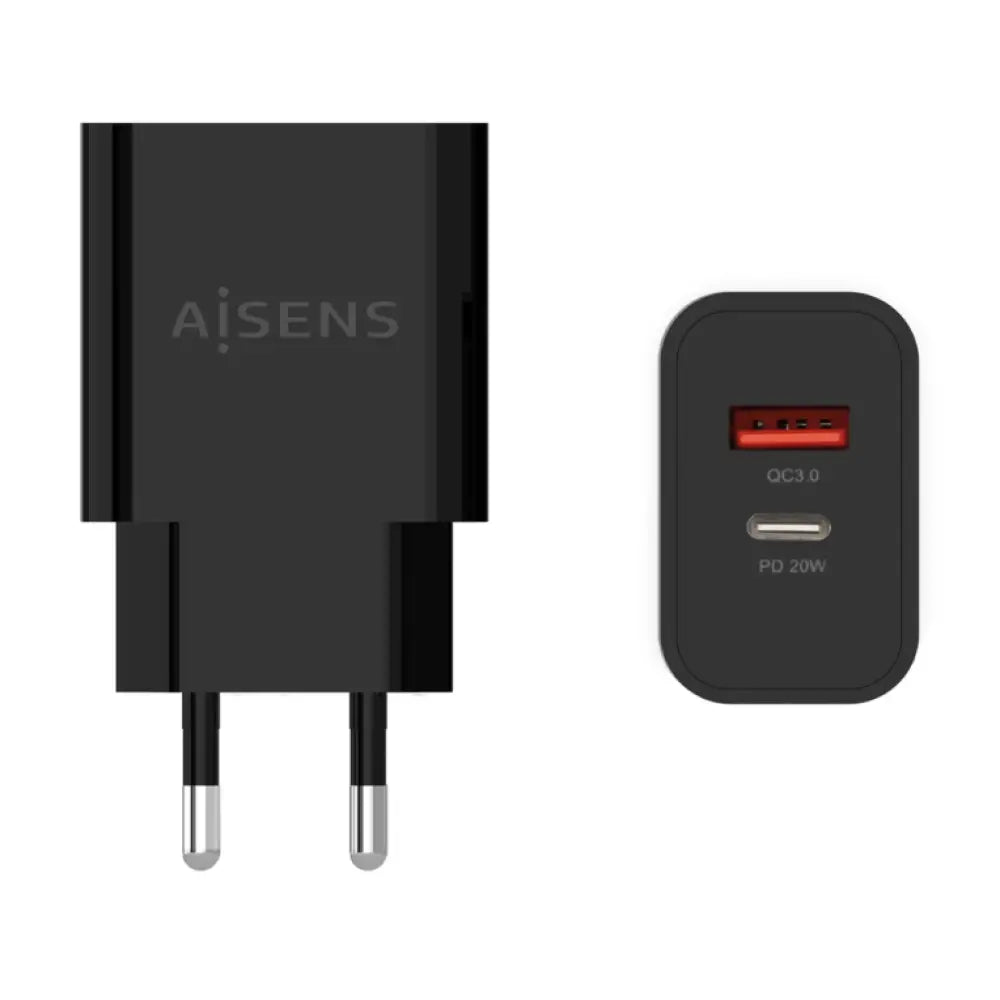 AISENS Cargador 20W. 1xUSB-C PD3.0. 1xUSB-A QC3.0. Negro