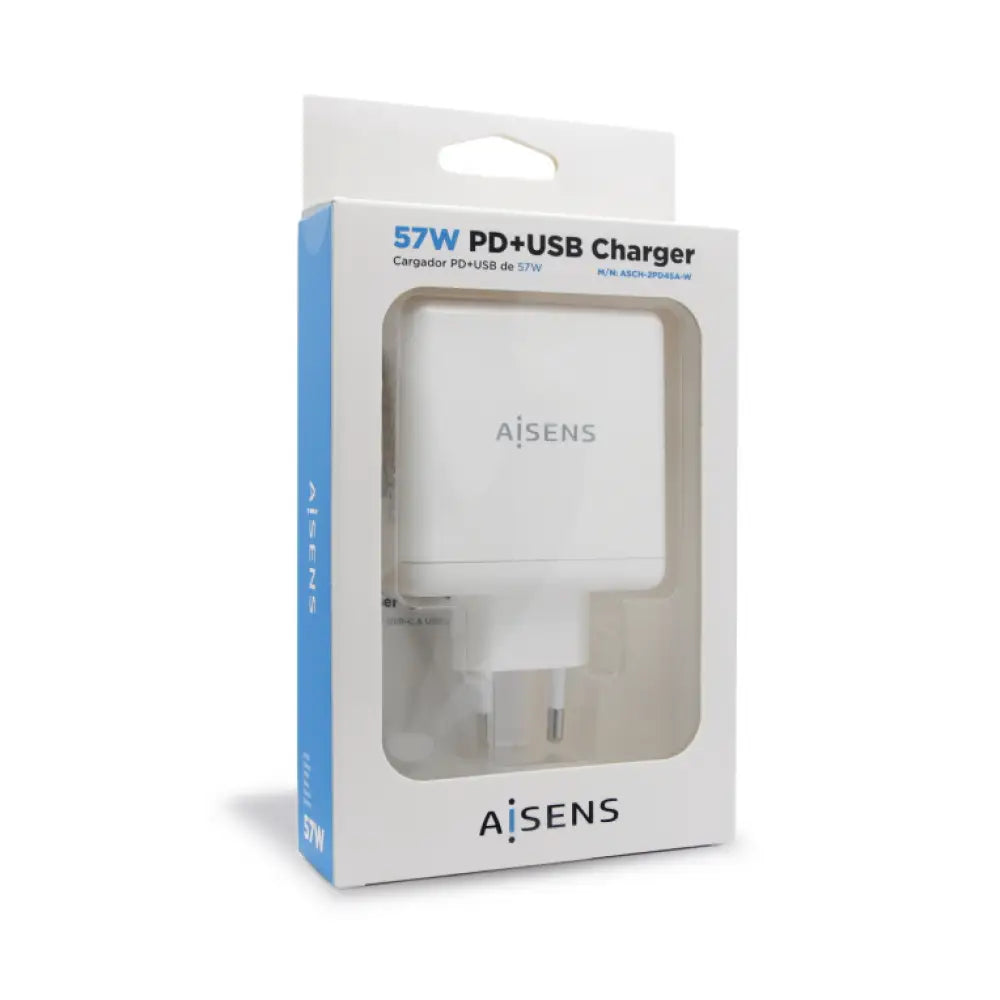 AISENS Cargador 57 W. 1x USB-C PD3.0 45 W. 1x USB-A 5 V / 2.4 A 12 W. Blanco - detalle