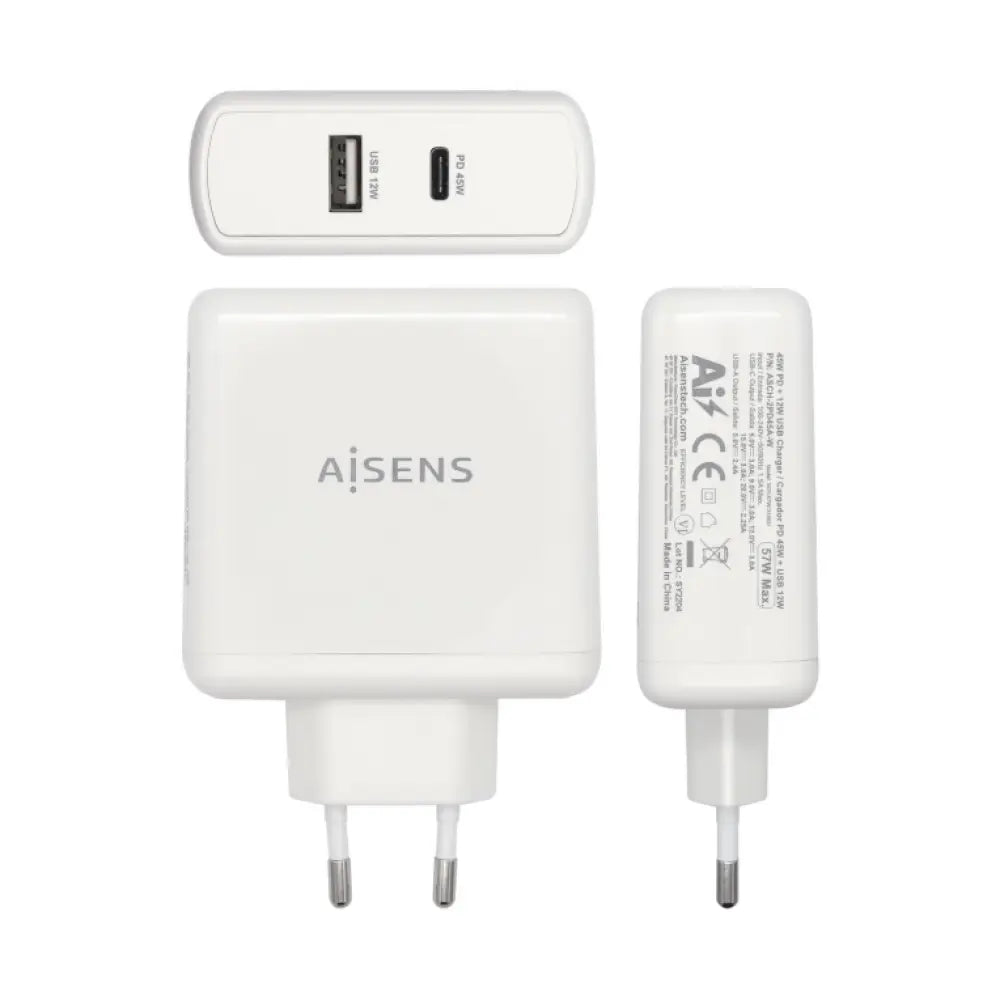 AISENS Cargador 57 W. 1x USB-C PD3.0 45 W. 1x USB-A 5 V / 2.4 A 12 W. Blanco - detalle