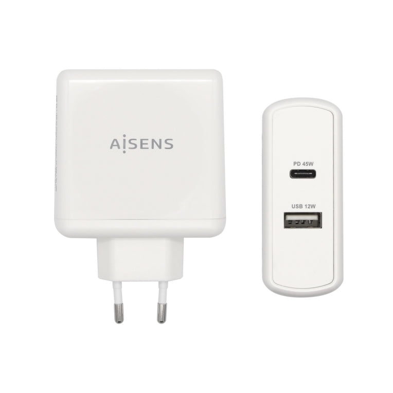 AISENS Cargador 57 W. 1x USB-C PD3.0 45 W. 1x USB-A 5 V / 2.4 A 12 W. Blanco