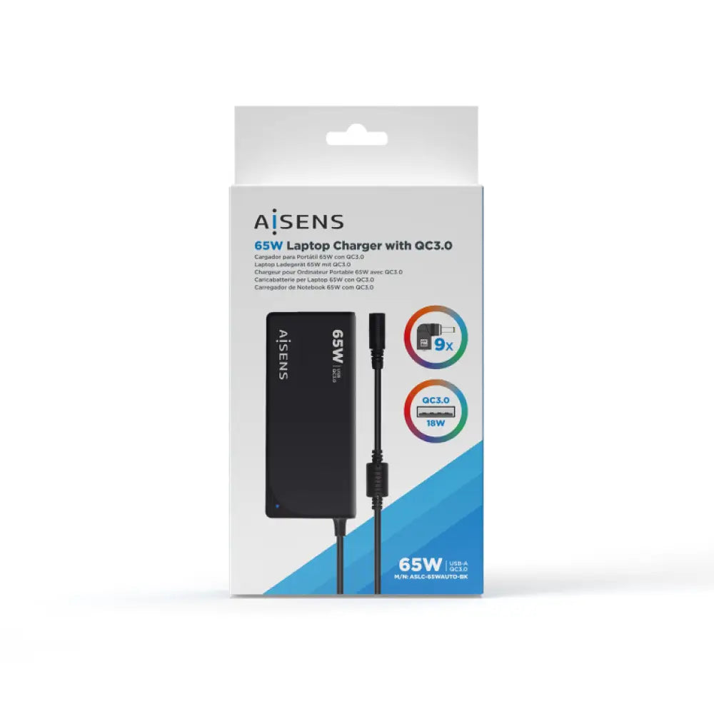AISENS Cargador 65 W Automatico Universal Multitension Para Portatil Con 9 Conectores + USB-A QC.3.0 - detalle