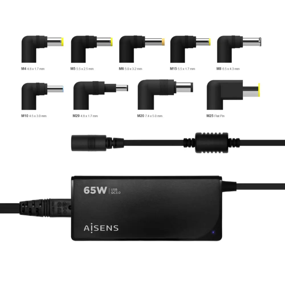 AISENS Cargador 65 W Automatico Universal Multitension Para Portatil Con 9 Conectores + USB-A QC.3.0 - detalle