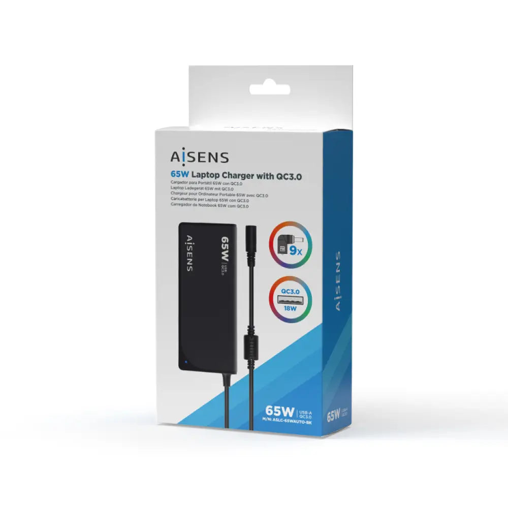 AISENS Cargador 65 W Automatico Universal Multitension Para Portatil Con 9 Conectores + USB-A QC.3.0 - detalle