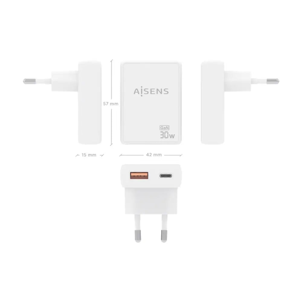 AISENS Cargador De Pared GaN Ultra Delgado 30W. 1xUSB-C PD3.0 QC4.0. 1xUSB-A QC3.0. Blanco - detalle