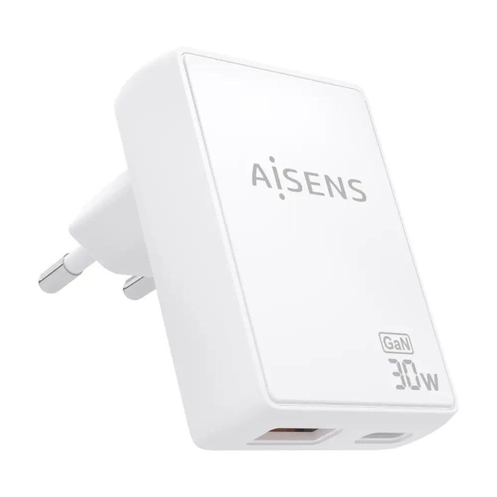 AISENS Cargador De Pared GaN Ultra Delgado 30W. 1xUSB-C PD3.0 QC4.0. 1xUSB-A QC3.0. Blanco