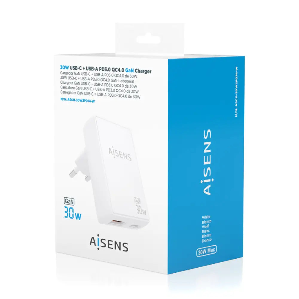 AISENS Cargador De Pared GaN Ultra Delgado 30W. 1xUSB-C PD3.0 QC4.0. 1xUSB-A QC3.0. Blanco - detalle