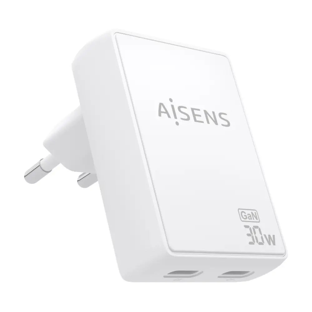 AISENS Cargador De Pared GaN Ultra Delgado 30W. 2xUSB-C PD3.0 QC4.0. Blanco