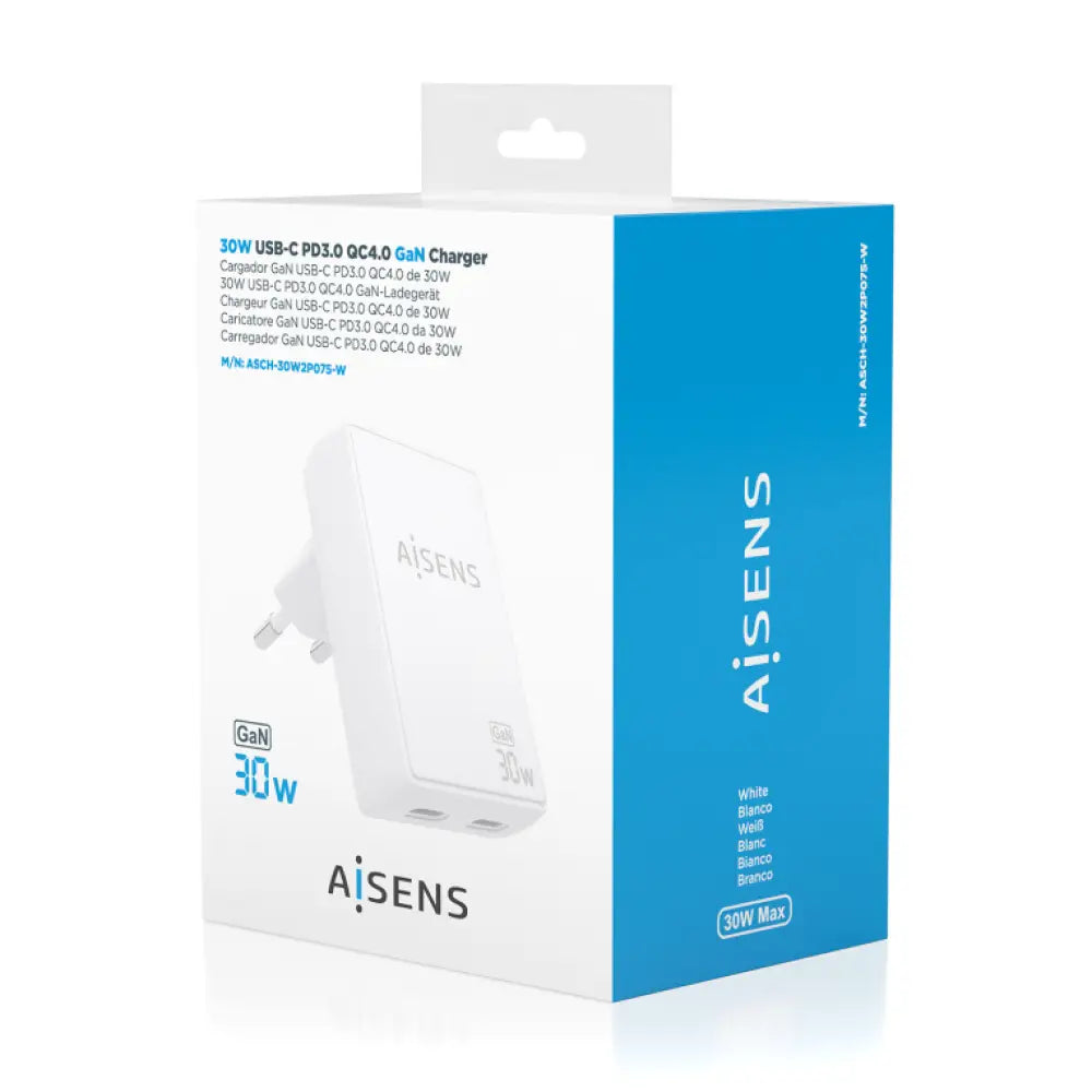 AISENS Cargador De Pared GaN Ultra Delgado 30W. 2xUSB-C PD3.0 QC4.0. Blanco - detalle