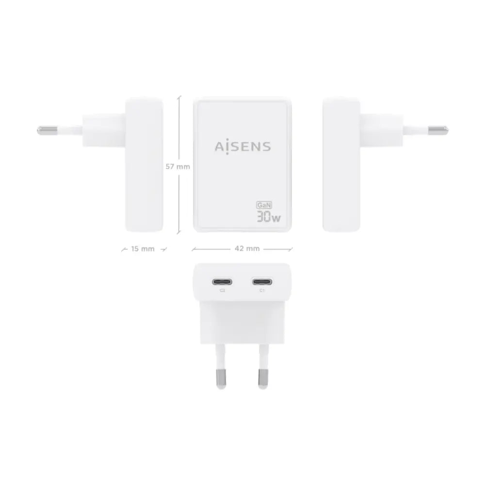 AISENS Cargador De Pared GaN Ultra Delgado 30W. 2xUSB-C PD3.0 QC4.0. Blanco - detalle