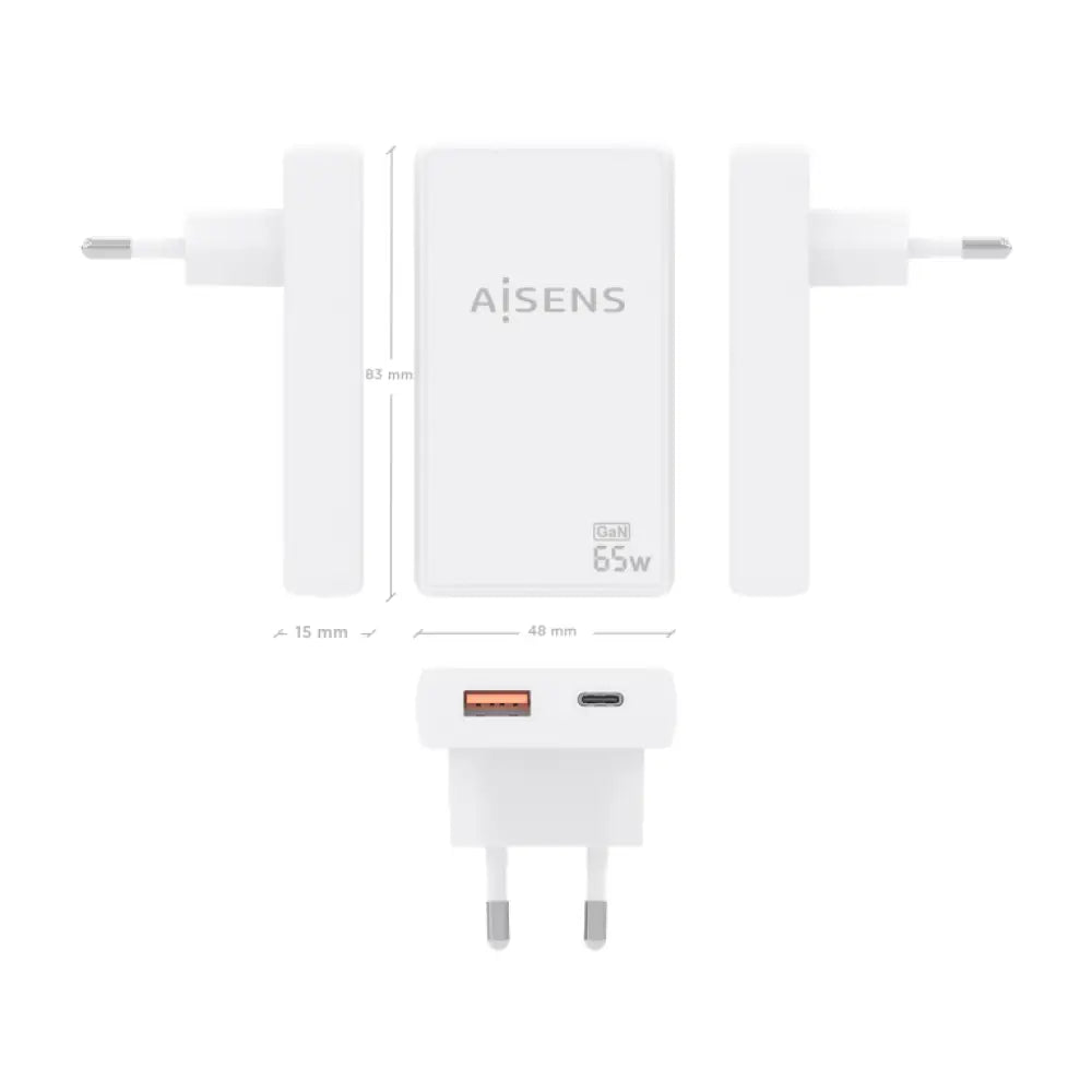 AISENS Cargador De Pared GaN Ultra Delgado 65W. 1xUSB-C PD3.0 QC4.0. 1xUSB-A QC3.0. Blanco - detalle