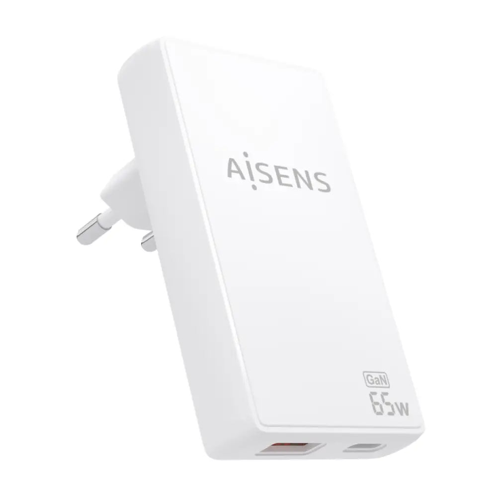 AISENS Cargador De Pared GaN Ultra Delgado 65W. 1xUSB-C PD3.0 QC4.0. 1xUSB-A QC3.0. Blanco