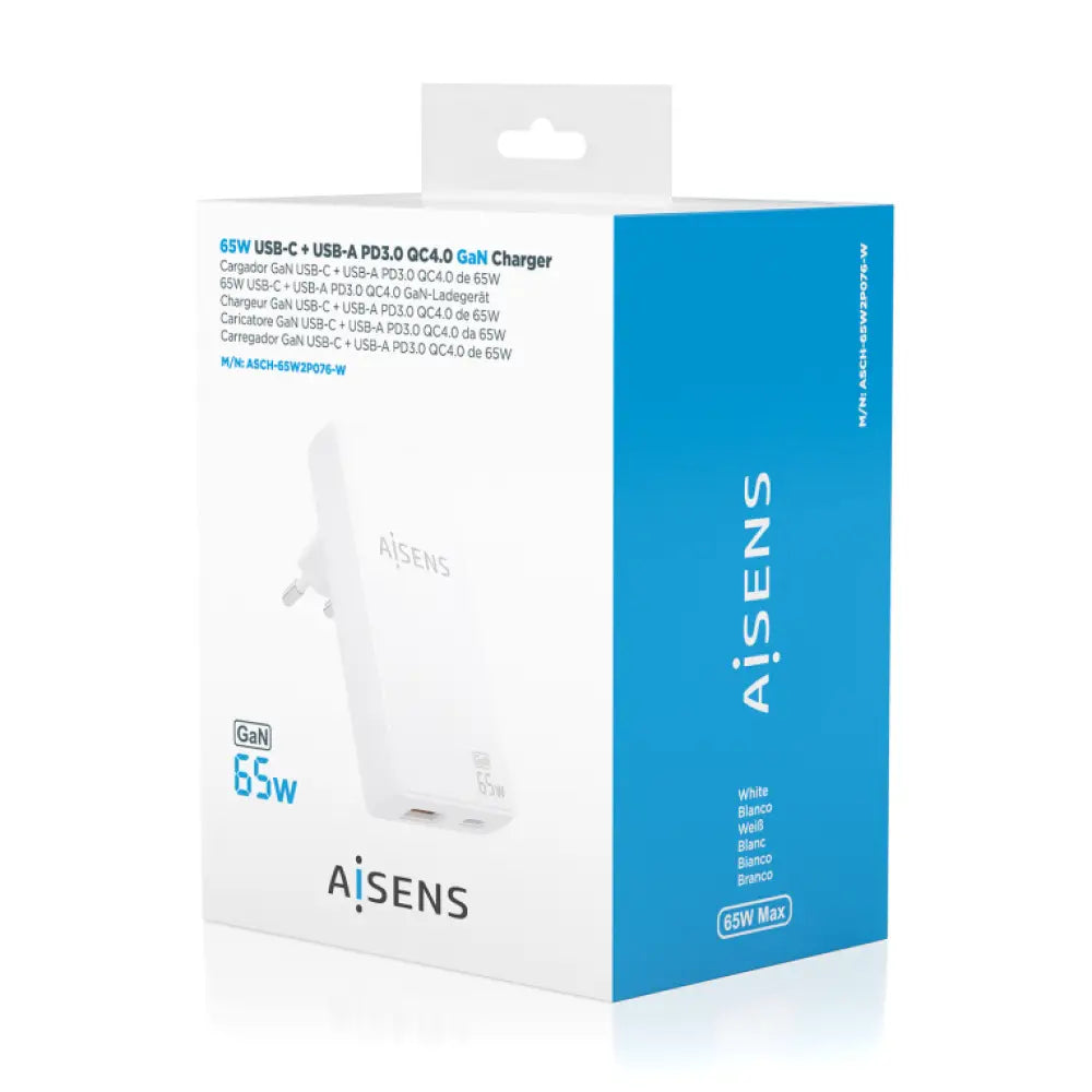 AISENS Cargador De Pared GaN Ultra Delgado 65W. 1xUSB-C PD3.0 QC4.0. 1xUSB-A QC3.0. Blanco - detalle