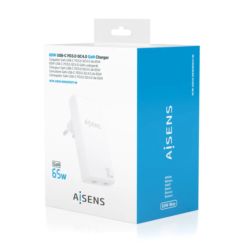AISENS Cargador De Pared GaN Ultra Delgado 65W. 2xUSB-C PD3.0 QC4.0. Blanco - detalle