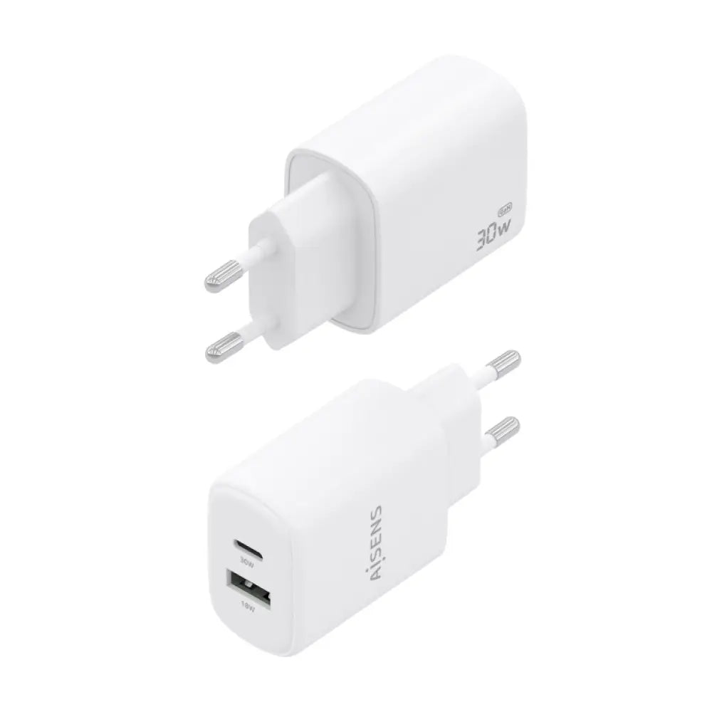 AISENS Cargador GaN 30W. 1xUSB-C PD3.0 QC4.0. 1xUSB-A QC3.0. Blanco - detalle