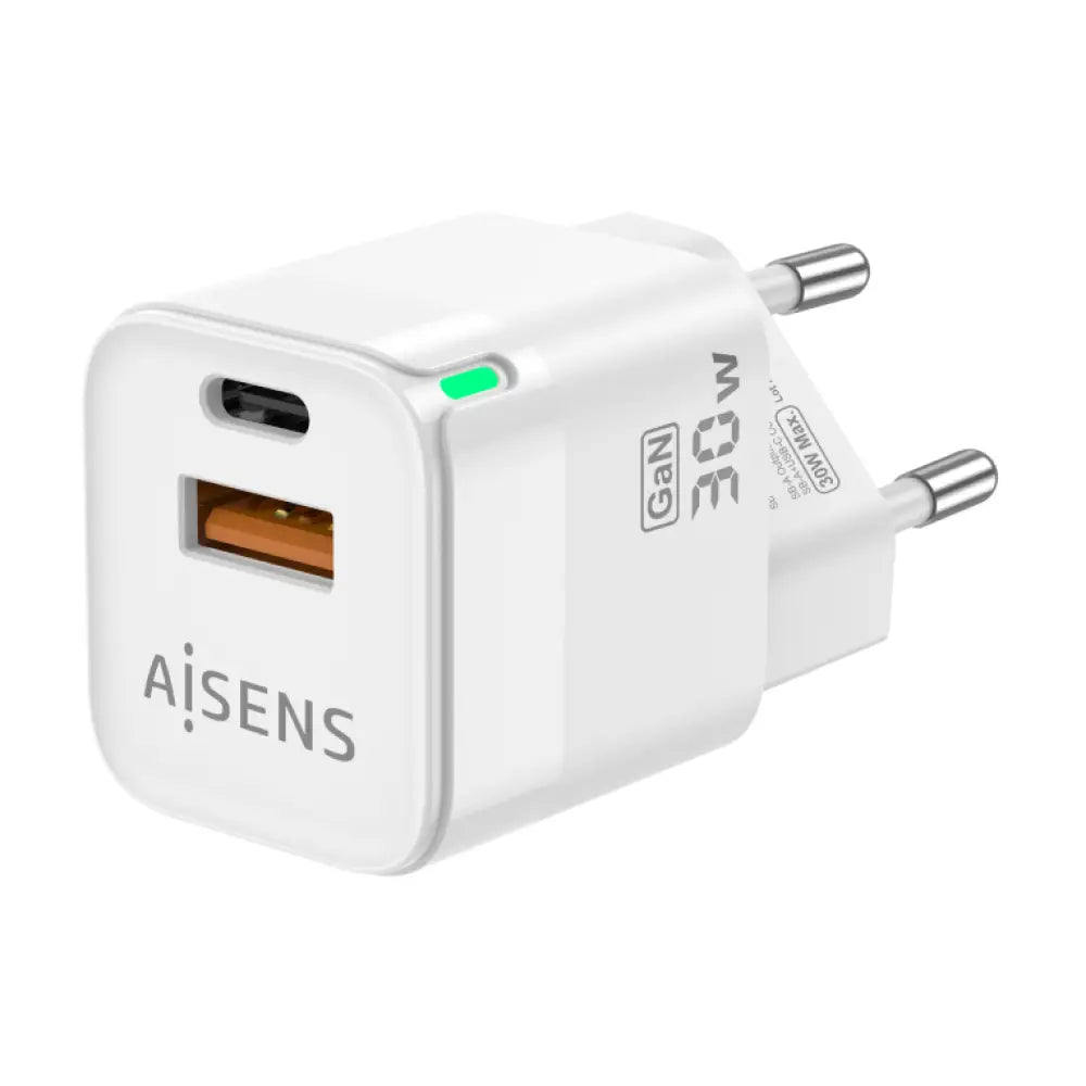 AISENS Cargador Gan 30W. 1xUSB-C PD3.0 QC4.0. 1xUSB-A QC3.0. Blanco - detalle