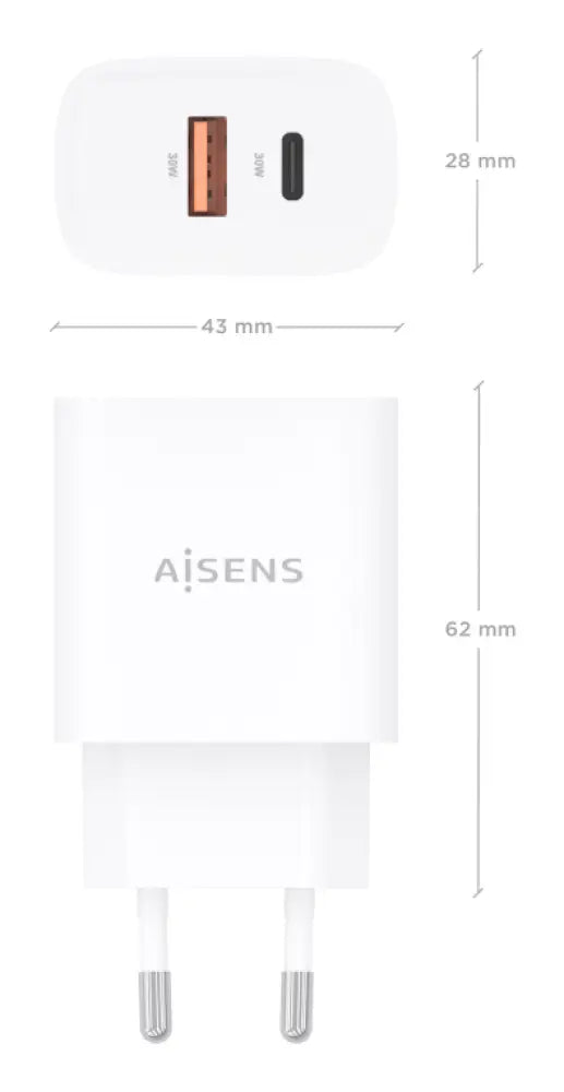 AISENS Cargador GaN 30W. 1xUSB-C PD3.0 QC4.0. 1xUSB-A QC3.0. Blanco - detalle