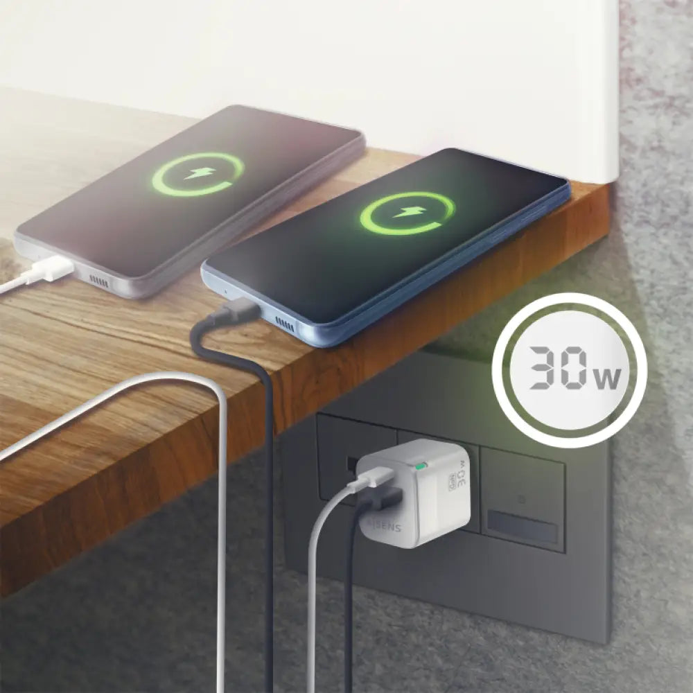 AISENS Cargador Gan 30W. 1xUSB-C PD3.0 QC4.0. 1xUSB-A QC3.0. Blanco - detalle