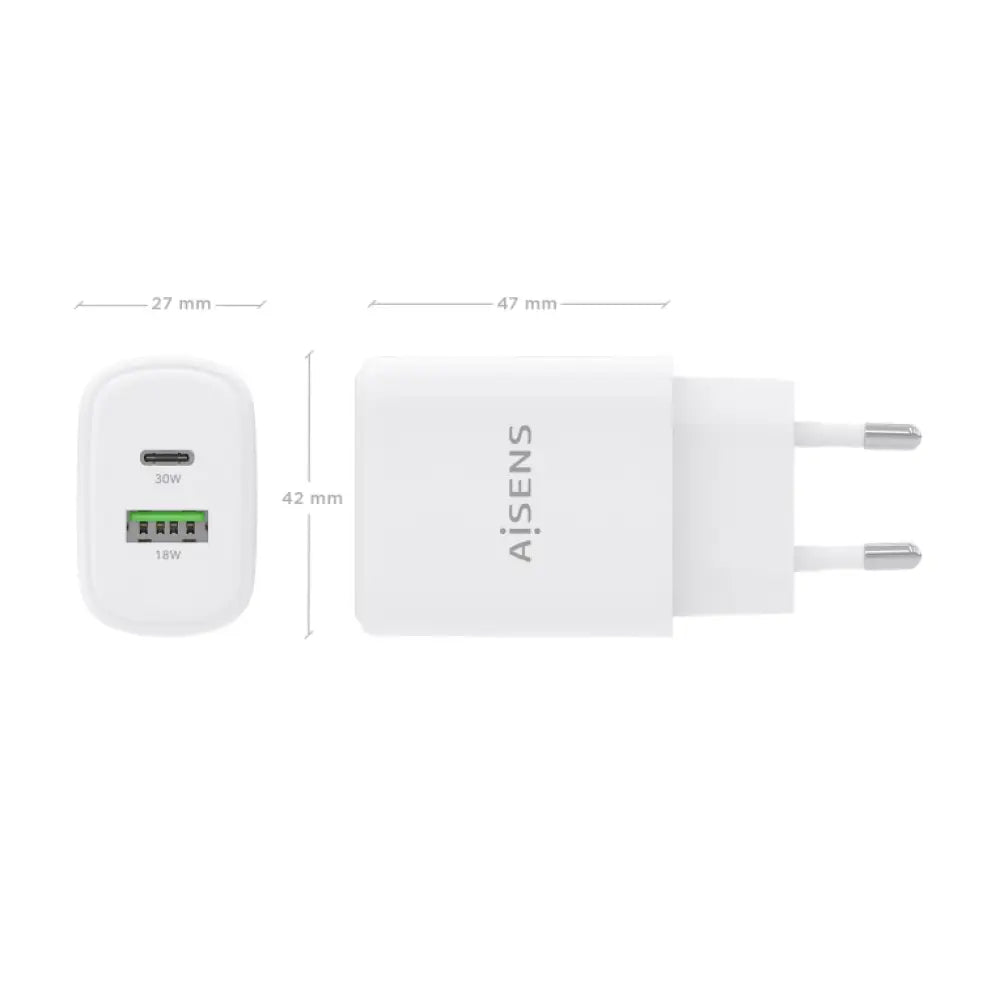 AISENS Cargador GaN 30W. 1xUSB-C PD3.0 QC4.0. 1xUSB-A QC3.0. Blanco - detalle