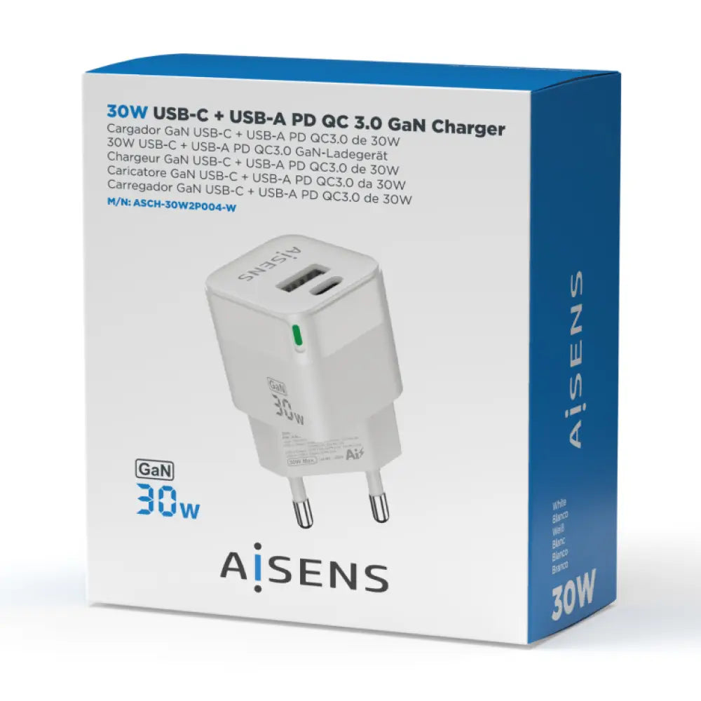 AISENS Cargador Gan 30W. 1xUSB-C PD3.0 QC4.0. 1xUSB-A QC3.0. Blanco - detalle