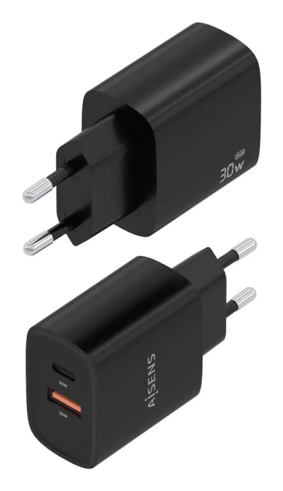 AISENS Cargador GaN 30W. 1xUSB-C PD3.0 QC4.0. 1xUSB-A QC3.0. Negro - detalle